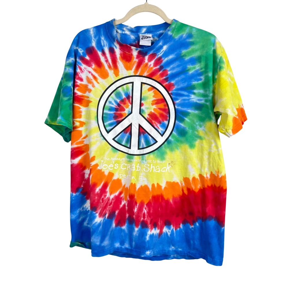Joe's Crab Shack T-Shirt Large Tie Dye Psychedelic 90s Hippie Rainbow READ